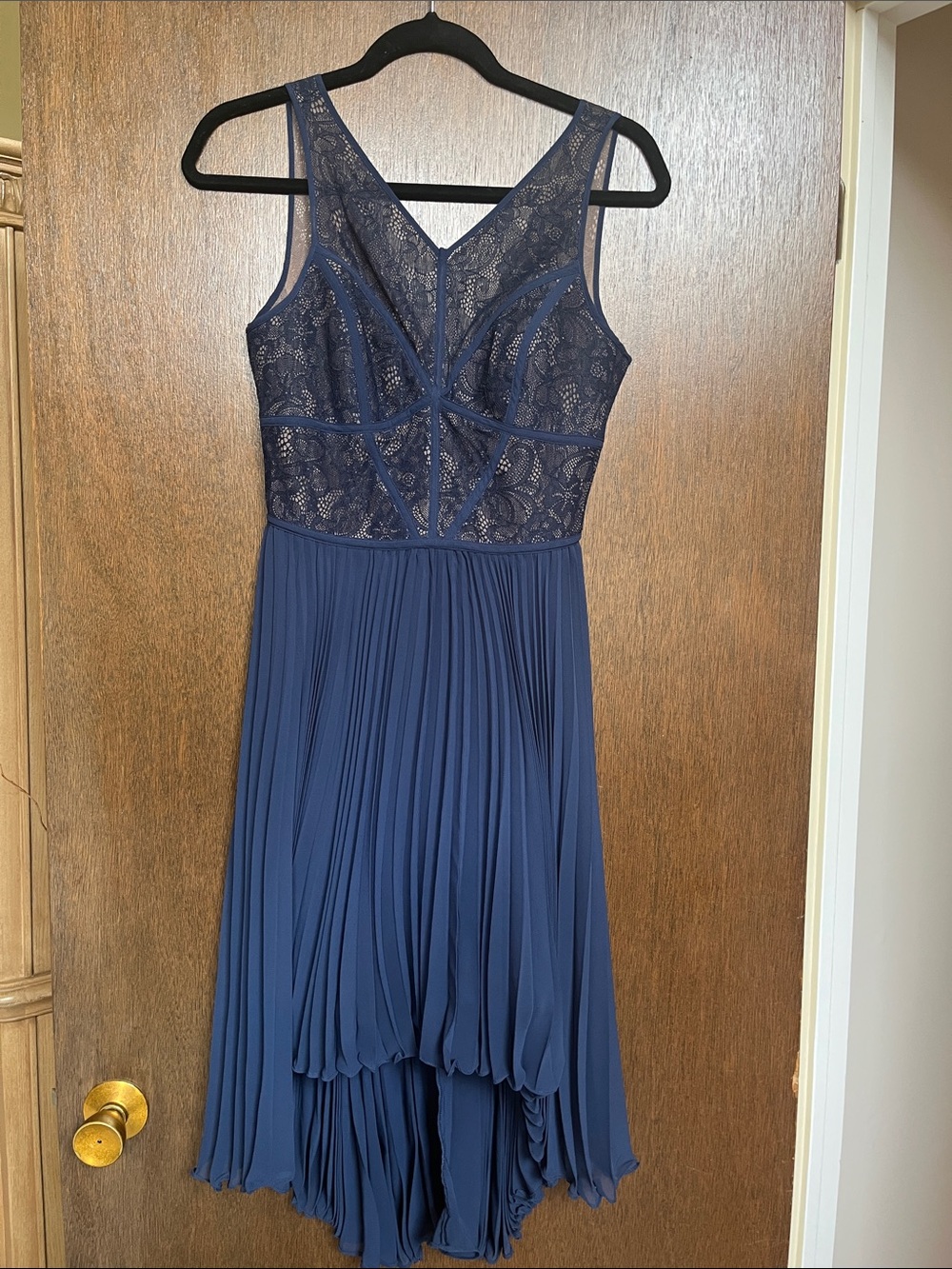 BCBG Navy Lace Bodice Pleated High-Low Dress
